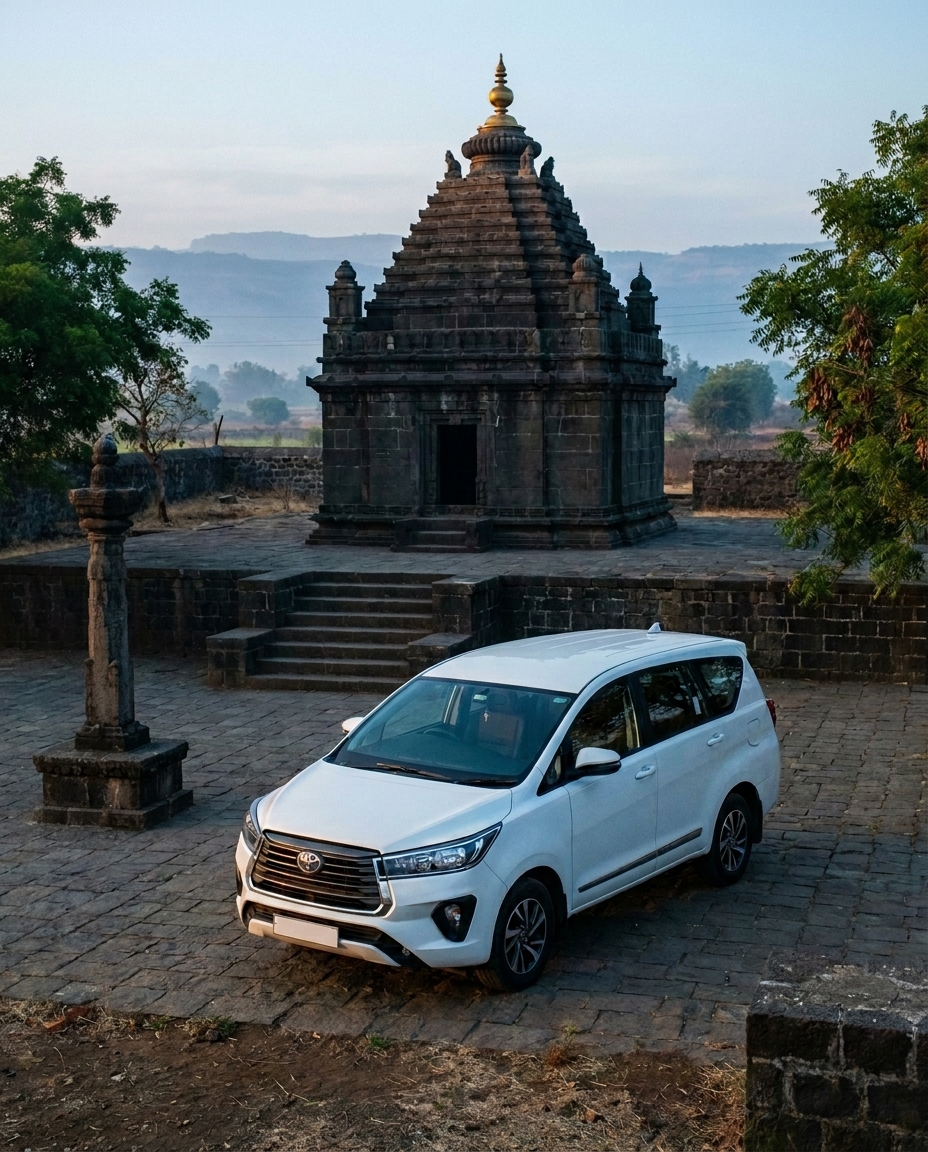 A clean OrbitYatra cab waiting at a Maharashtra Hemadpanti temple at dawn